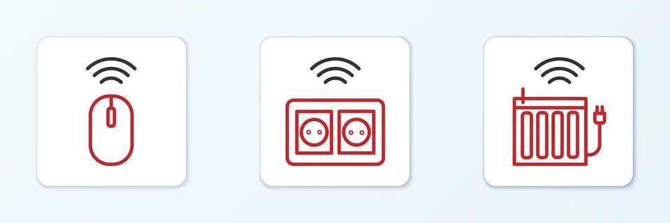 Set line Smart heating radiator, Wireless mouse and electrical outlet icon... Stock Illustration