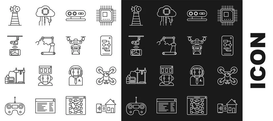 Set line Smart home, Algorithm, 3d scanning system, Industrial machine robotic Stock Illustration