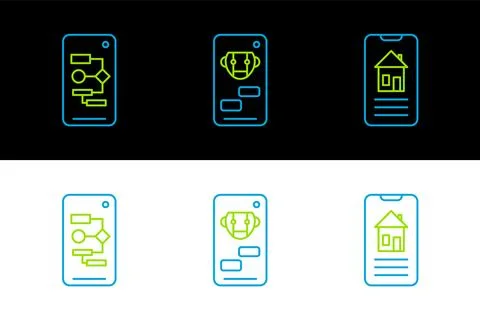 Set line Smart home, Algorithm and Bot icon. Vector Stock Illustration