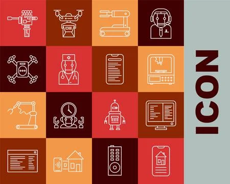 Set line Smart home, Computer monitor screen, 3D printer, Robot, doctor, Drone Stock Illustration