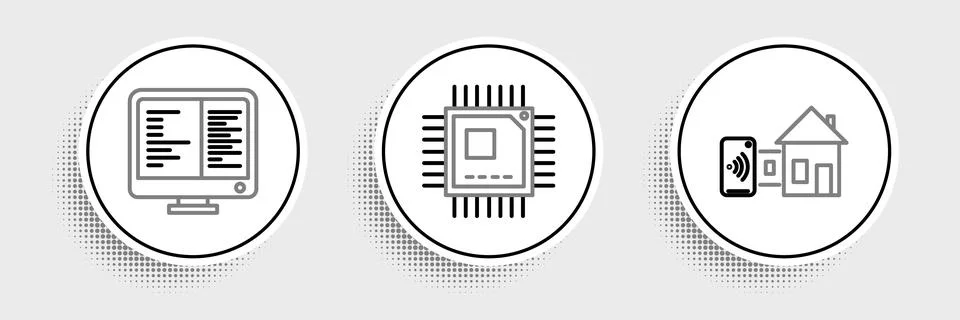 Set line Smart home, Computer monitor screen and Processor with microcircuits Illustrazione stock