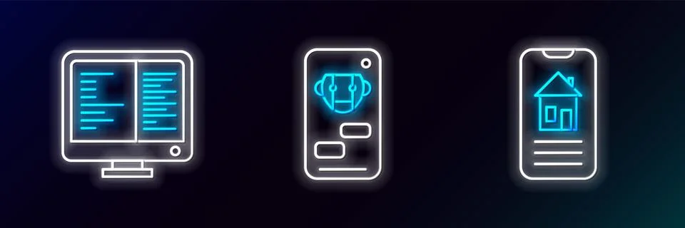 Set line Smart home, Computer monitor screen and Bot icon. Glowing neon. Vector 스톡 일러스트