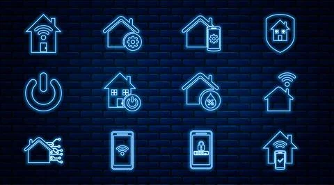 Set line Smart home remote control system, with wi-fi, Power button, House Stock Illustration