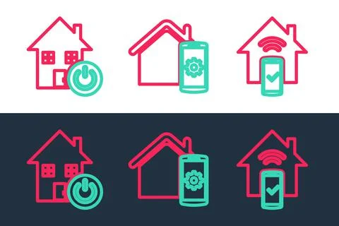 Set line Smart home remote control system, and icon. Vector Ilustración de archivo