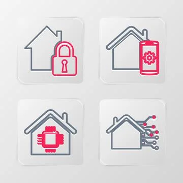 Set line Smart home, remote control system and House under protection icon... Ilustración de archivo