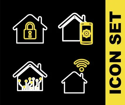 Set line Smart home remote control system, with wi-fi,  and House under pro.. Stock Illustration