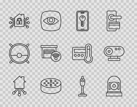 Set line Smart home, Ringing alarm bell, key, Water sensor, garage, Vacuum .. Illustrazione stock