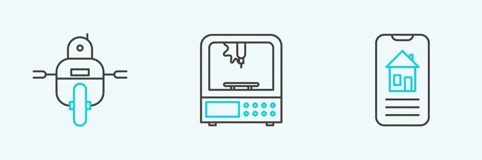 Set line Smart home, Robot and 3D printer icon. Vector Stock Illustration