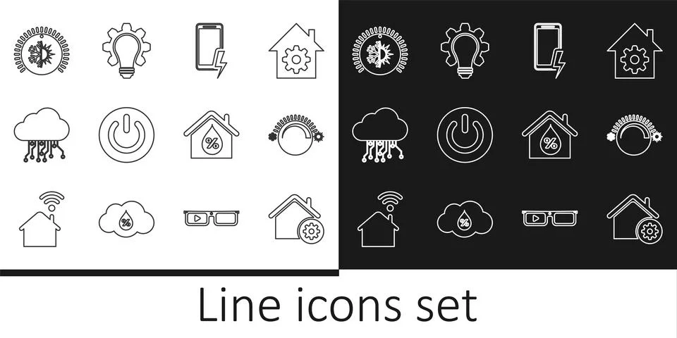 Set line Smart home settings, Thermostat, Mobile charging battery, Power button Stock Illustration