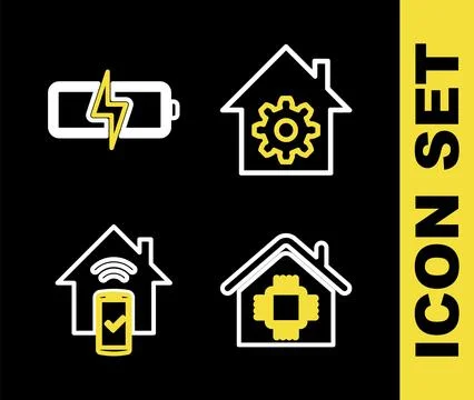 Set line Smart home settings, remote control system and Battery icon. Vector Ilustración de archivo
