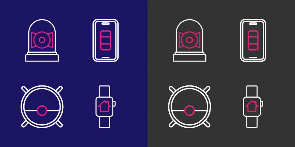 Set line Smart home with smart watch, Robot vacuum cleaner, Smartphone batt.. Stock Illustration