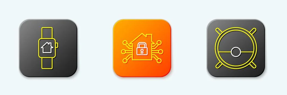 Set line Smart home with smart watch,  and Robot vacuum cleaner icon. Vector Stock Illustration
