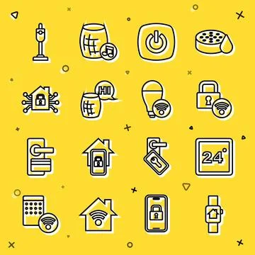 Set line Smart home with smart watch, Thermostat, Digital door lock, Voice .. Stock Illustration