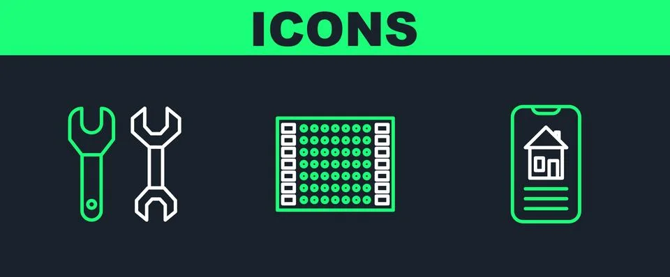 Set line Smart home, Spanner and Printed circuit board PCB icon. Vector Stock Illustration