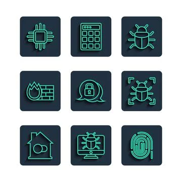 Set line Smart home, System bug on monitor, Fingerprint, Cyber security Stock Illustration
