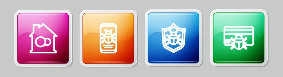 Set line Smart home, System bug on mobile,  and in credit card. Colorful squa 스톡 일러스트