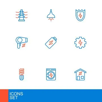Set line Smart home, Washer, LED light bulb, Gear and lightning, Hair dryer.. Stock Illustration