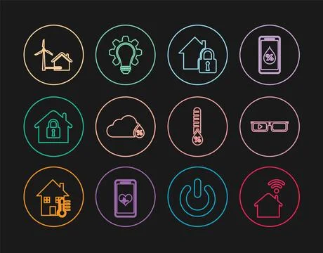 Set line Smart home with wi-fi, glasses, House under protection, Humidity, wind Stock Illustration