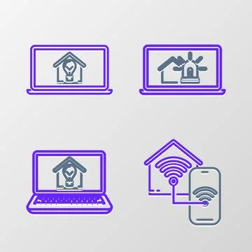 Set line Smart home with wi-fi, Laptop smart house and light bulb, alarm an.. Stock Illustration