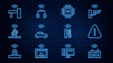 Set line Smart home with wireless, Exclamation mark in triangle, Processor Stock Illustration