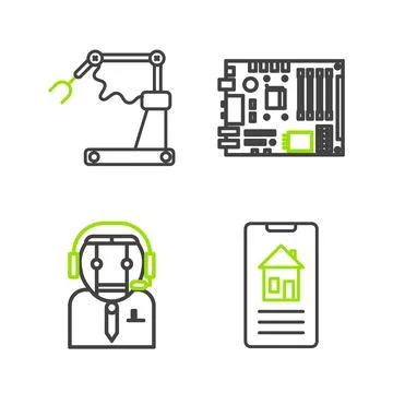 Set line Smart home, Worker robot, Electronic computer components motherboard Stock Illustration