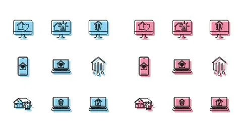 Set line Smart house and alarm, Laptop with smart home, Computer monitor un.. Illustrazione stock