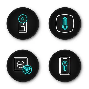 Set line Smart key, electrical outlet, Thermostat and coffee machine icon. .. Stock Illustration