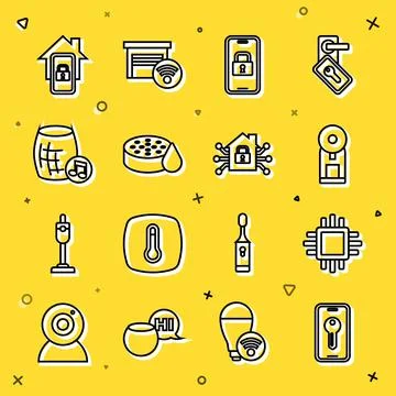 Set line Smart key, Processor with CPU, coffee machine, Digital door lock, Wa 스톡 일러스트