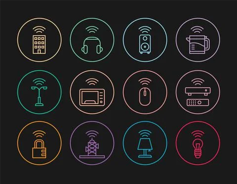 Set line Smart light bulb, Wireless TV box receiver, stereo speaker, microwave Stock Illustration