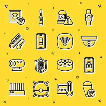 Set line Smart light bulb, Digital door lock, Motion sensor, Ringing alarm bell Stock Illustration