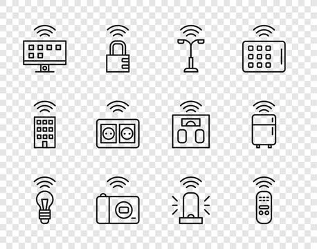 Set line Smart light bulb, remote control, street, photo camera, Tv system,.. Stock Illustration