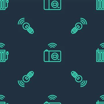 Set line Smart photo camera, light bulb and heating radiator on seamless pattern Stock Illustration