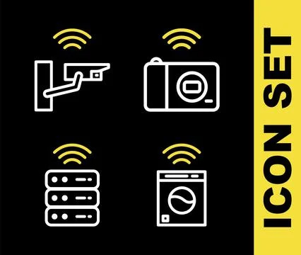 Set line Smart photo camera, washer, server and security icon. Vector Stock Illustration