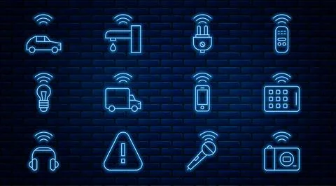 Set line Smart photo camera, Wireless tablet, electric plug, truck, light b.. Illustrazione stock