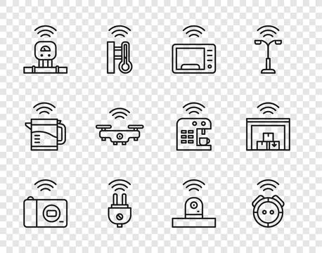 Set line Smart photo camera, Robot vacuum cleaner, microwave oven, electric.. Stock Illustration