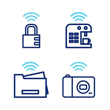 Set line Smart photo camera, printer, coffee machine and safe combination l.. Stock Illustration