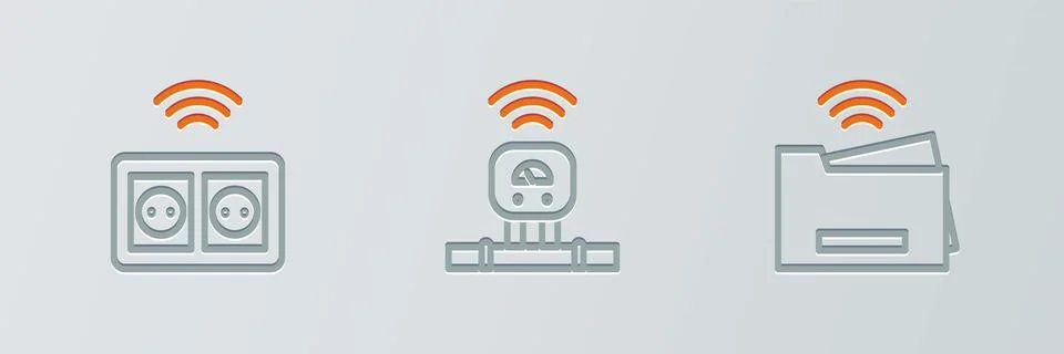 Set line Smart printer, electrical outlet and sensor icon. Vector Stock Illustration