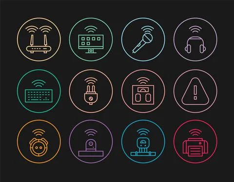 Set line Smart printer, Exclamation mark triangle, Wireless microphone, electric Stock Illustration