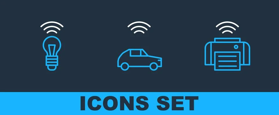 Set line Smart printer, light bulb and car system with wireless icon. Vector Stock Illustration