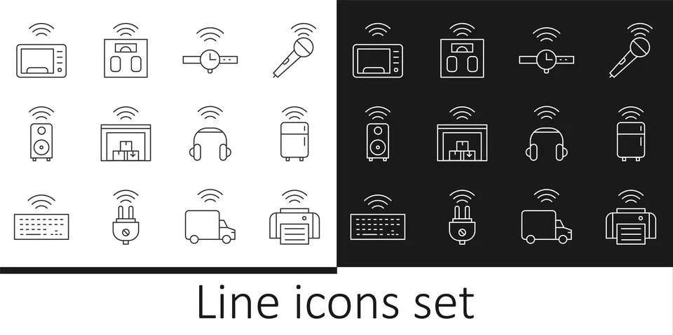 Set line Smart printer, refrigerator, Smartwatch, warehouse, stereo speaker Stock Illustration
