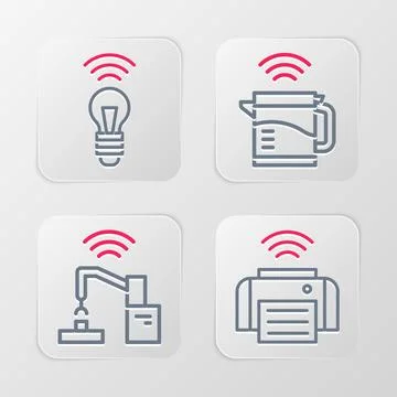 Set line Smart printer, Robotic robot arm hand factory, electric kettle and Stock Illustration