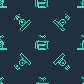 Set line Smart printer, security camera and Wireless antenna on seamless pattern Stock Illustration