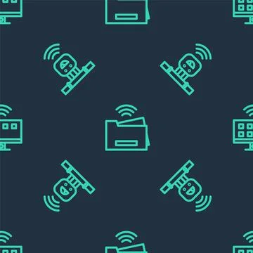 Set line Smart printer, sensor and Tv system on seamless pattern. Vector Stock Illustration