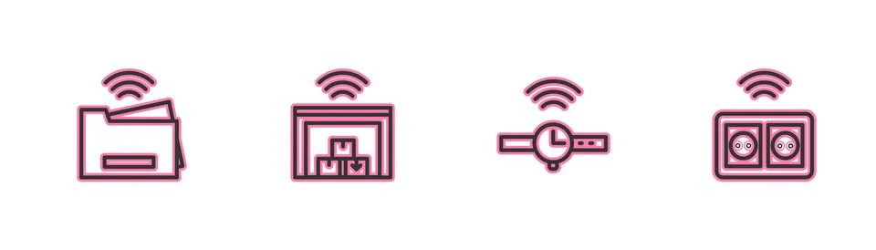 Set line Smart printer, Smartwatch, warehouse and electrical outlet icon. Vector Stock Illustration