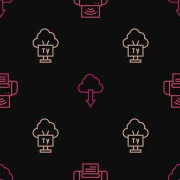 Set line Smart printer system, Tv and Cloud download on seamless pattern. Vector 스톡 일러스트