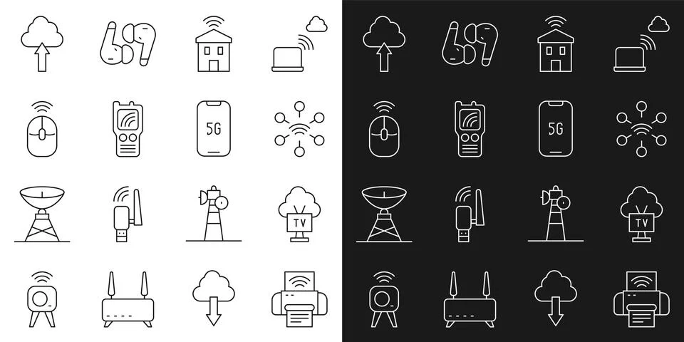 Set line Smart printer system, Tv, Network, home with wi-fi, Walkie talkie Stock Illustration