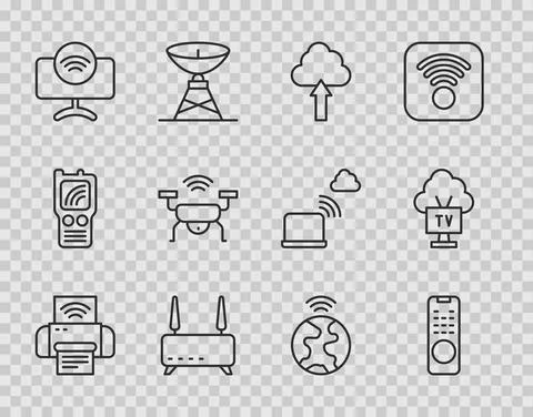 Set line Smart printer system, Remote control, Cloud upload, Router and wi-fi Stock Illustration