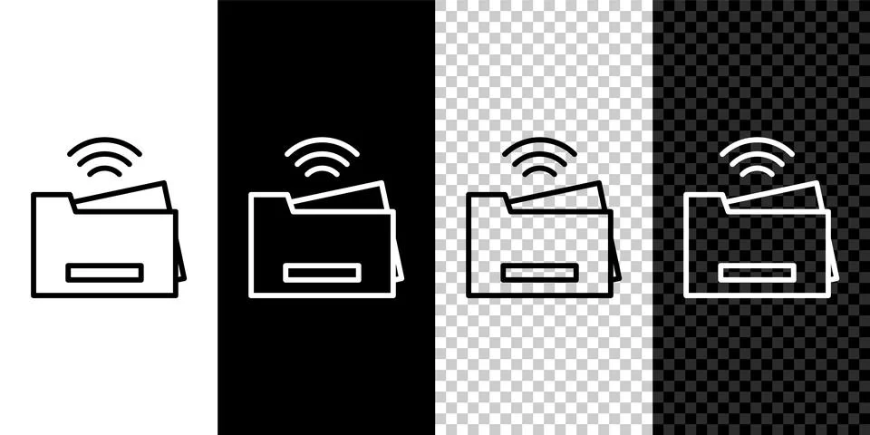 Set line Smart printer system icon isolated on black and white background イラスト素材