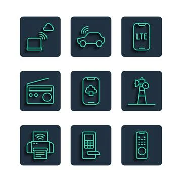 Set line Smart printer system, Digital door lock, Remote control, LTE network Stock Illustration