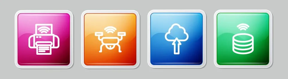 Set line Smart printer system, drone, Cloud upload and data server. Colorful Stock Illustration